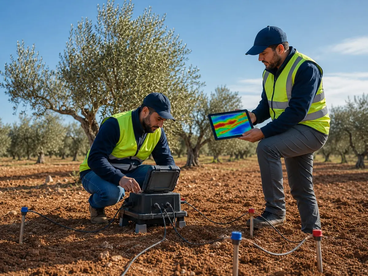 Ingénieurs Géomaster réalisant une étude géophysique avec un scanner 3D sur un terrain agricole tunisien