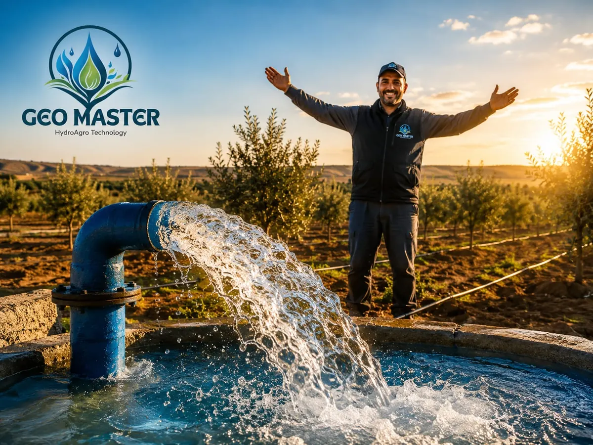 Eau claire jaillissant d'un forage agricole nouvellement creusé en Tunisie, agriculteur souriant en arrière-plan